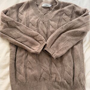 Men's Taupe Cable Knit V-Neck Sweater